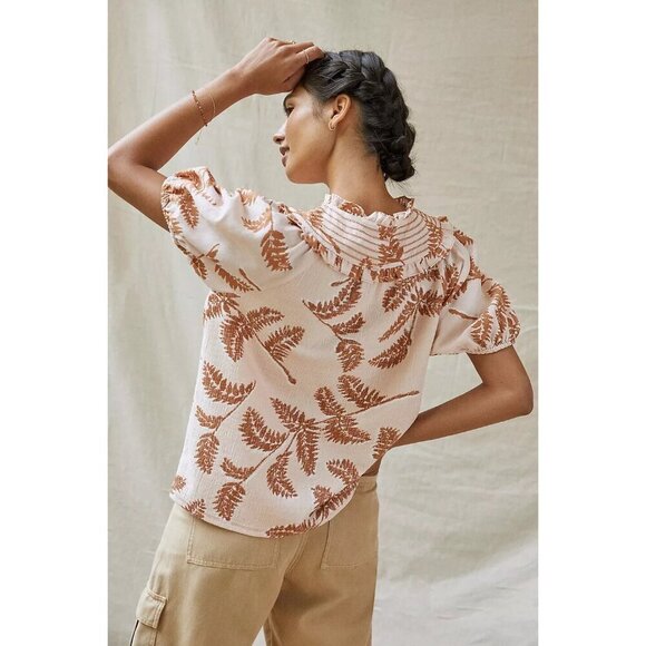 Anthropologie Current Air Linen Smocked Collar Top Floral Coquette Tropical XS - Picture 3 of 10